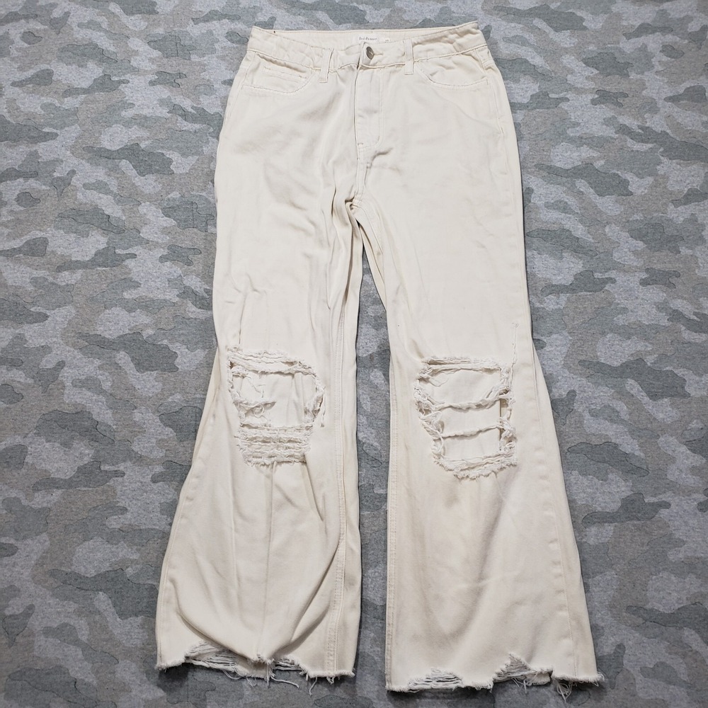 Bohme Jeans Womens 26 Beige Distressed High Rise Straight Leg Denim